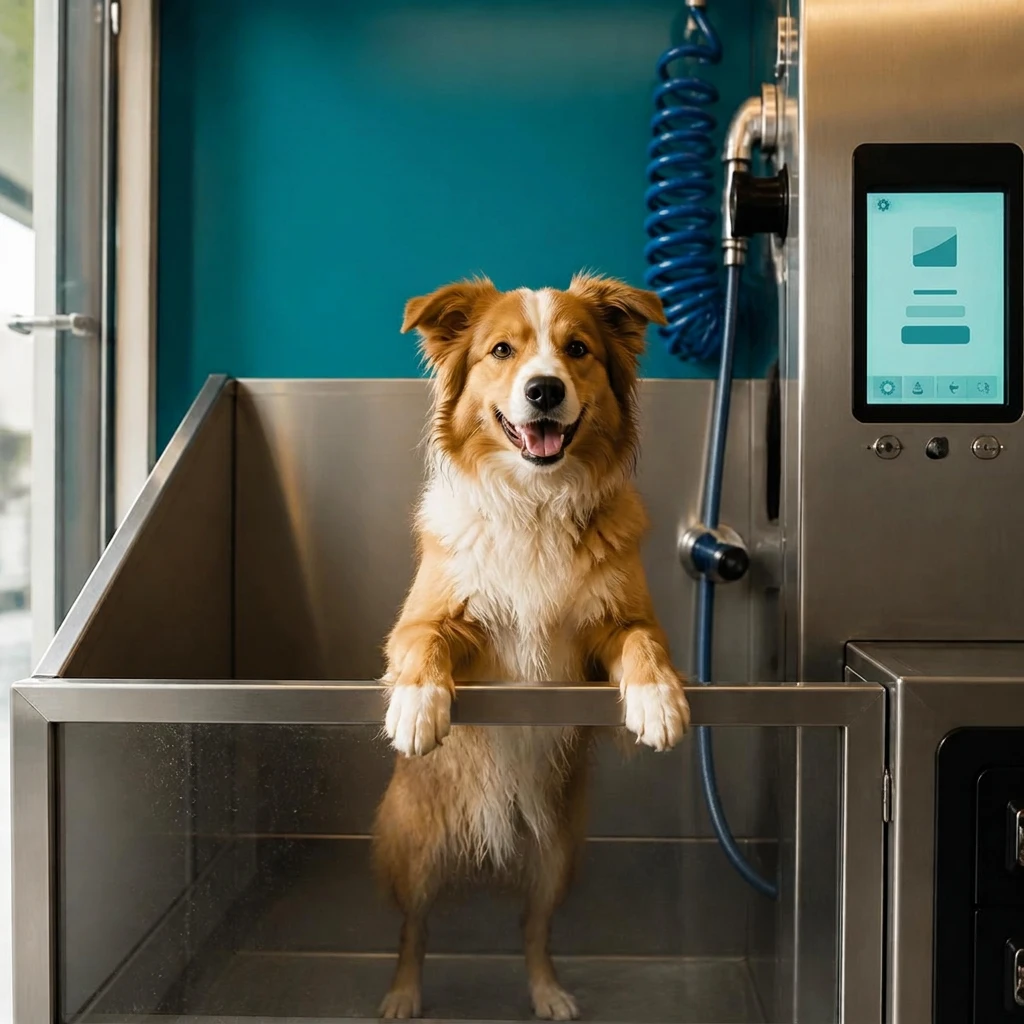 Chien dans une cabine de lavage Pataplouf en libre-service : bac inox surélevé, douchette et écran de commande